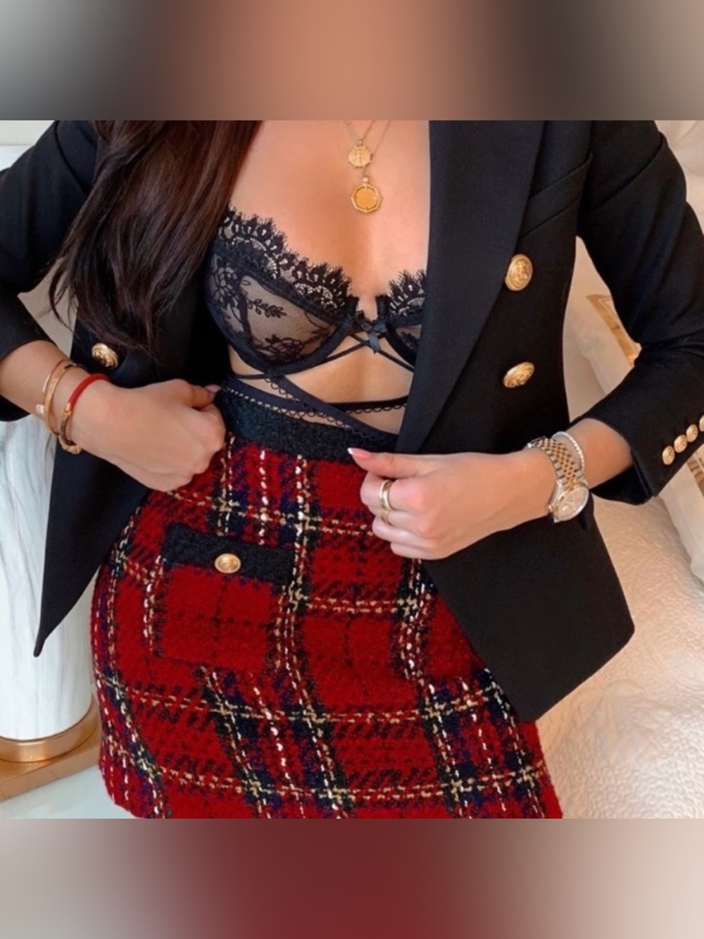 ZARA • Red/Black Tartan Plaid Tweed Mini Skirt, XS - Picture 14 of 16